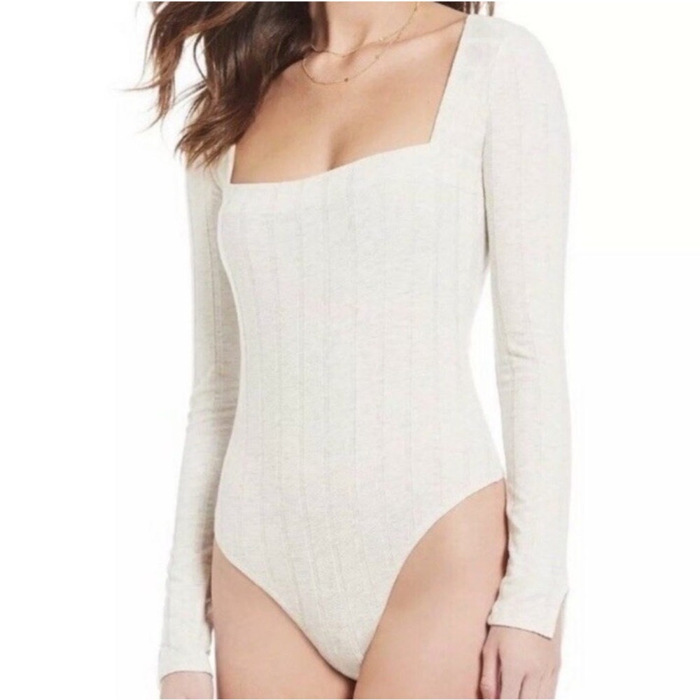 Free People Intimately Beside Me Ribbed Square Neck Long Sleeved Bodysuit Medium - Picture 2 of 11